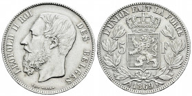Belgium. Leopold II. 5 francs. 1869. (Km-24). Ag. 24,88 g. Cleaned. Choice VF. Est...25,00. 

Spanish Description Bélgica. Leopold II. 5 francs. 186...
