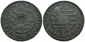 Brazil. D. Joao, Príncipe Regente (1799-1816). 80 reis. 1809. (Km-290.1). (Gomes-96.02). Ae. 27,99 g. Shield countermark on a copper XL reis of 1790, ...