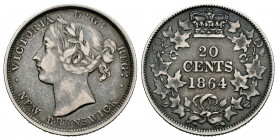 Canada. Victoria Queen. 20 cents. 1864. New Brunswick. (Km-9). Ag. 4,55 g. Almost VF. Est...110,00. 

Spanish Description Canadá. Victoria. 20 cents...