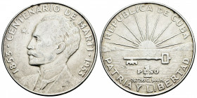 Cuba. 1 peso. 1953. (Km-29). Ag. 26,66 g. Centennial of Jose Marti. Almost XF. Est...35,00. 

Spanish Description Cuba. 1 peso. 1953. (Km-29). Ag. 2...