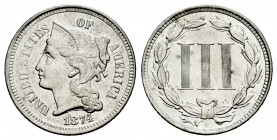 United States. 3 Cents. 1874. Philadelphia. (Km-95). 2,08 g. Cleaned. XF. Est...40,00. 

Spanish Description Estados Unidos. 3 Cents. 1874. Philadel...