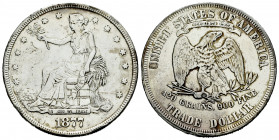 United States. Trade dollar. 1877. Philadelphia. (Km-108). Ag. 26,97 g. Cleaned. Nicks on edge. Almost VF. Est...110,00. 

Spanish Description Estad...