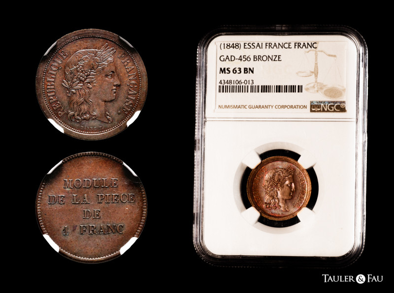 France. II Republic. 1 franc Essai. ND (1848). (Gad-456). Ae. Slabbed by NGC as ...