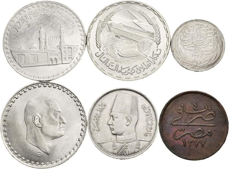 Lot of 6 coins from Egypt. Containing 20 Para AH 1277, 5 Piastres AH 1917, 10 Pi...