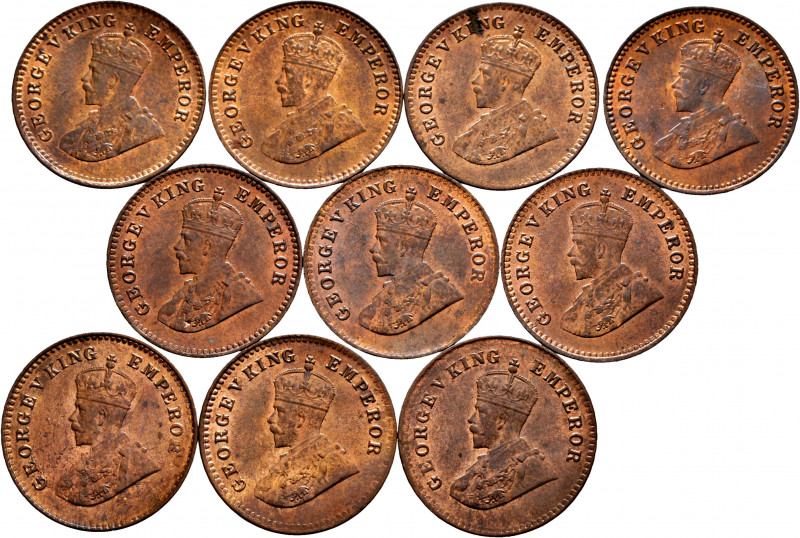 Lot of 10 coins from British India. George V, 1/12 Anna 1921 (km#509). Ae. TO EX...