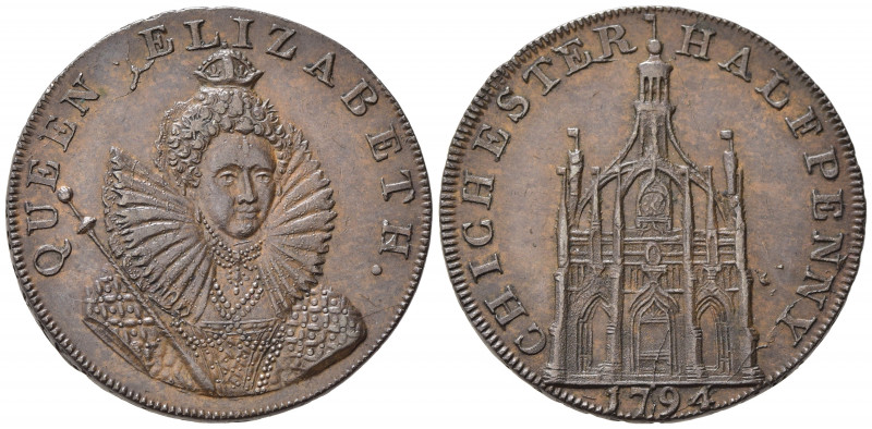 Gettoni. Gran Bretagna. Chichester. Token 1/2 penny 1794 "Queen Elizabeth I". Cu...