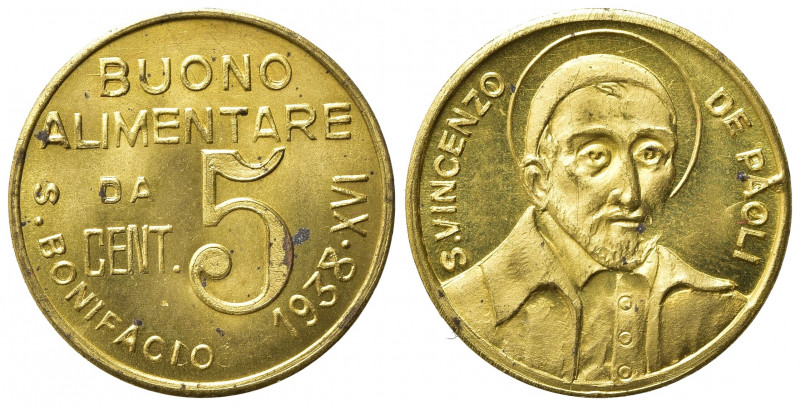 GETTONI. S.BONIFACIO. Gettone buono alimentare da 5 centesimi 1938 XVI. AE dorat...