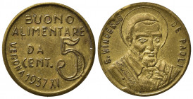 GETTONI. VERONA. Gettone buono alimentare da 5 centesimi 1937 XV . AE dorato (2,40 g). San Vincenzo De Paoli. FDC