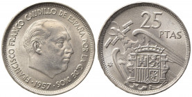 SPAGNA. Francisco Franco (1939-1975). 25 Pesetas 1957 (58). Cu-Ni. KM#787. qFDC/FDC