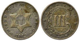 STATI UNITI. 3 Cents 1852. Ag. BB+/qSPL