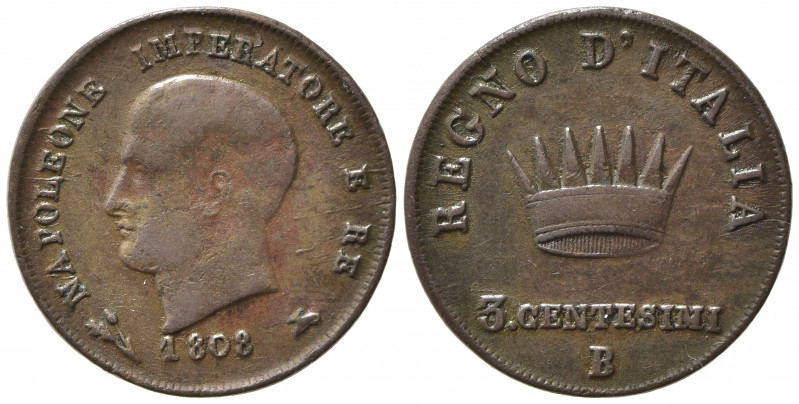 BOLOGNA. Napoleone I Re d'Italia (1805-1814). 3 Centesimi 1808 B. Cu. Gig. 219 N...