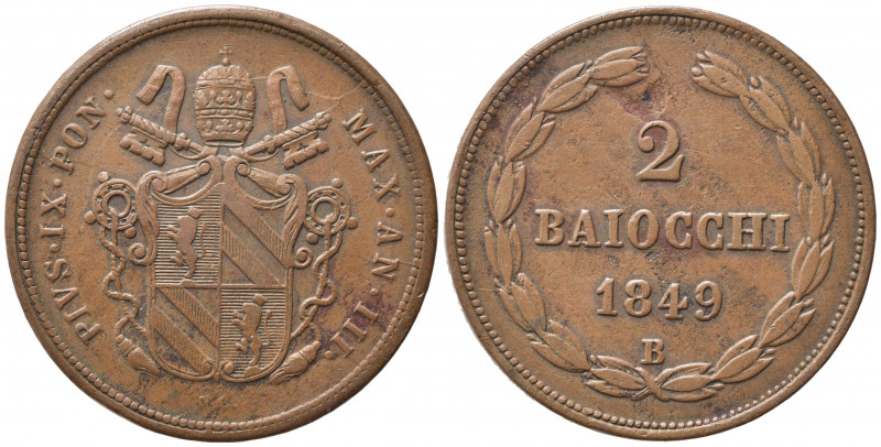 BOLOGNA. Stato Pontificio. Pio IX (1846-1870). 2 Baiocchi 1849 anno III. Cu. Gig...