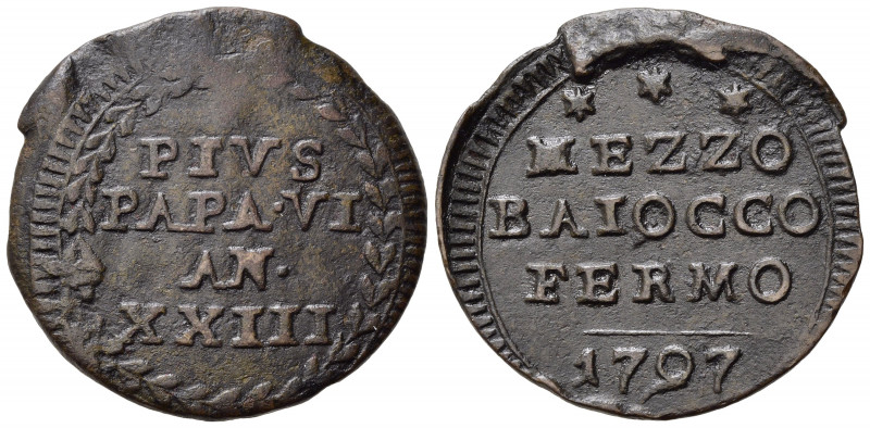 FERMO. Pio VI (1775-1799). Mezzo baiocco 1797. Cu (3,82 g). MIR 2911. BB+/qSPL