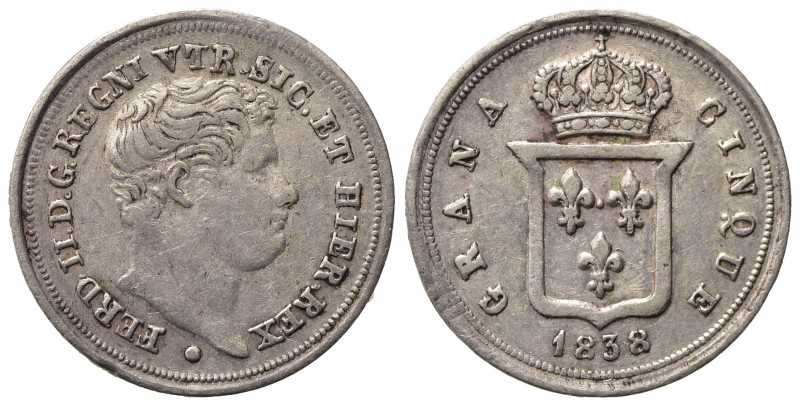 NAPOLI. Ferdinando II di Borbone (1830-1859). 5 grana 1838. Magliocca 657. BB+