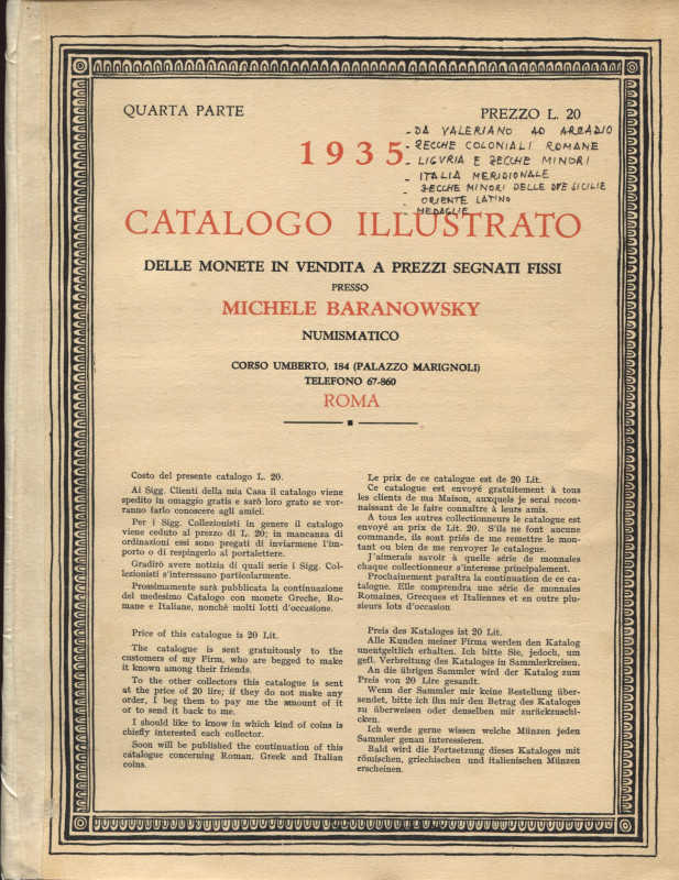 BARANOSWKY MICHELE – Milano, 1935. Catalogo illustrato delle monete in vendita a...