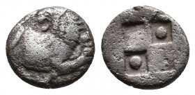 Thrace, Thracian Chersonesos, 'Kardia' AR Diobol . Circa 357-320 BC. Forepart of lion to right, head reverted / Quadripartite incuse square with alter...