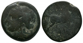 CARTHAGE. AE 18.17gr Trishekel (Circa 201-195 BC). Carthage. Obv: Head of Tanit left, wearing grain wreath. Rev: Horse prancing right; pellet between ...