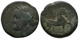 CARTHAGE. AE 18.06gr Trishekel (Circa 201-195 BC). Carthage. Obv: Head of Tanit left, wearing grain wreath. Rev: Horse prancing right; pellet between ...