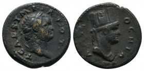 Syria, Seleucis and Pieria. Antioch. Titus, as Caesar, 69-79. AE Semis Rome mint, for use in Syria, circa 74. T• CAES• IMP• TR• POT• Laureate head of ...