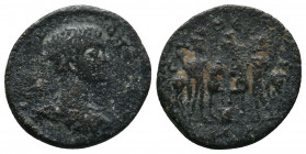 LACONIA, Gythium. Geta. As Caesar, AD 198-209. Laureate head right / The Dioscuri, each holding bridle of horse; A above, altar between. SNG Hunterian...