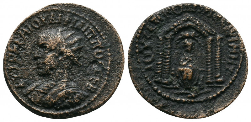 MESOPOTAMIA, Nisibis. Philip II. AD. 247-249. Æ (; 24 mm). Radiate and draped bu...