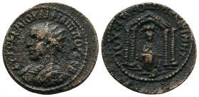 MESOPOTAMIA, Nisibis. Philip II. AD. 247-249. Æ (; 24 mm). Radiate and draped bust left / Tetrastyle temple with fluted colums, in which Tyche, veiled...