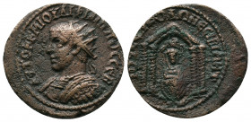 MESOPOTAMIA, Nisibis. Philip II. AD. 247-249. Æ ( 24 mm). Radiate and draped bust left / Tetrastyle temple with fluted colums, in which Tyche, veiled,...