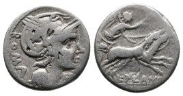 L. Flaminius Chilo. 109-108 B.C. AR denarius (18.34 mm, 4 h). Rome mint. [ROMA] behind, helmeted head of Roma right; denomination before / L · FLAM[IN...