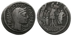 L. Aemilius Lepidus Paullus AR Denarius. Rome, 62 BC. PAVLLVS LEPIDVS CONCORDIA, veiled and diademed head of Concordia to right / Trophy, togate figur...