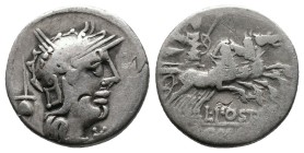 L. Postumius Albinus 131 BC. Rome. Denarius AR. Helmeted head of Roma right; apex behind / Mars driving galloping quadriga right, holding trophy, shie...