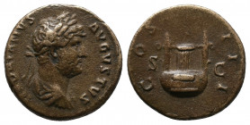 Hadrian Æ Semis. Rome, AD 125-128. HADRIANVS AVGVSTVS, laureate, draped and cuirassed bust right, seen from behind / COS III, lyre, S-C across fields....
