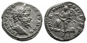 Septimius Severus (193-211). Denarius. Rome. SEVERVS AVG PART MAX, laureate head right / P M TR P VIII COS II P P, Victory advancing left, holding ope...