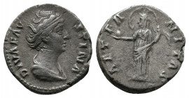 Diva Faustina I AD 140-141. Rome. Denarius AR . DIVA FAVSTINA, draped bust right / AETERNITAS, Aeternitas standing front holding globe, veil blowing o...