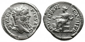 Septimius Severus AR Denarius. Rome, AD 208. SEVERVS PIVS AVG, laureate head to right / P M TR P XVI COS III P P, Salus seated to left, holding sceptr...