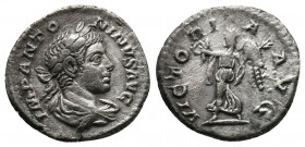 Elagabalus, 218-222. Denarius AR, Rome, 219-220. IMP ANTONINVS AVG Laureate and draped bust of Elagabalus to right, seen from behind. Rev. VICTORIA AV...