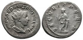 Gordian III - AR antoninianus. Rome mint, February-March 244 AD. IMP GORDIANVS PIVS FEL AVG, radiate draped bust right. SECVRIT PERP, Securitas standi...
