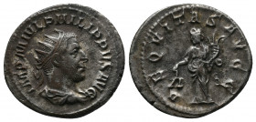Philip II (247-249). Antoninianus. Antioch. IMP M IVL PHILIPPVS AVG, radiate, draped and cuirassed bust right / AEQVITAS AVG, Aequitas standing left, ...