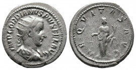 Gordian III. AR Antoninianus. 239 AD. Rome mint. Obv: IMP GORDIANVS PIVS FEL AVG, radiate, draped and cuirassed bust right / AEQVITAS AVG, Aequitas st...