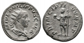 Philip II, as Caesar, 244 - 247 AD AR Antoninianus, Rome. M IVL PHILIPPVS CAES, radiate, draped and cuirassed bust of Philip right / PRINCIPI IVVENT, ...