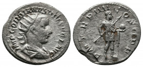 Gordian III (238-244) AR Antoninianus, 241-242 A.D. Rome. IMP GORDIANVS PIVS FEL AVG, bust right / P M TR P IIII COS II P P Gordianus standing in mili...