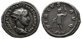 Gordian III. AR Antoninianus 238-239. IMP CAES M ANT GORDIANVS AVG Radiate, draped and cuirassed bust r. Rev. VIRTVS – AVG Virtus, helmeted and in mil...