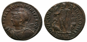 Licinius II (Caesar, 317-324). Æ Follis. Antioch, 321-323. Helmeted and cuirassed bust l., holding spear over should, shield on l. arm. R/ Jupiter sta...