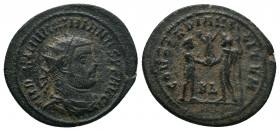 Maximianus Herculius AD 286-305. Cyzicus Follis Æ. IMP C M A MAXIMIANVS P F AVG, radiate, draped, and cuirassed bust right / CONCORDIA MILITVM, Prince...