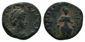 Aelia Eudoxia, Augusta, AD 400-404. Follis. AEL EVDOXIA AVG Draped bust of Eudoxia to right, wearing diadem, crowned by Hand of God above. Rev. GLORIA...