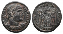Constantine I AD 334-335. Antioch Follis Æ. CONSTANTINVS MAX AVG, rosette-diadem, draped, and cuirassed bust right / GLORIA EXERCITVS, two soldiers st...