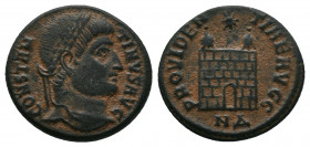 Constantine I. AD 307/310-337. Æ Follis. Nicomedia mint. Struck AD 326-327. CONSTAN-TINVS AVG, laureate head right / PROVIDEN-TIAE AVGG, camp-gate wit...
