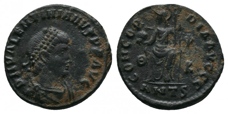 Valentinian II Æ Nummus. Antioch, AD 375-392. D N VALENTINIANVS P F AVG, pearl-d...