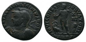 Licinius II (Caesar, 317-324). Æ Follis. Antioch, 321-323. Helmeted and cuirassed bust l., holding spear over should, shield on l. arm. R/ Jupiter sta...