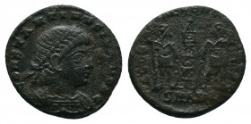Constantius II, as Caesar AD 324-337. Antioch. Follis Æ FL IVL CONSTANTIVS NOB C, laureate and cuirassed bust right / GLORIA EXERCITVS, two soldiers s...