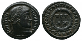 Constantine I AD 334-335. Thessaloniki. Follis Æ. CONSTANTINVS AVG, laureate head right / D N CONSTANTINI MAX AVG/ TSE VI, wreath with VOT/ X X inscri...